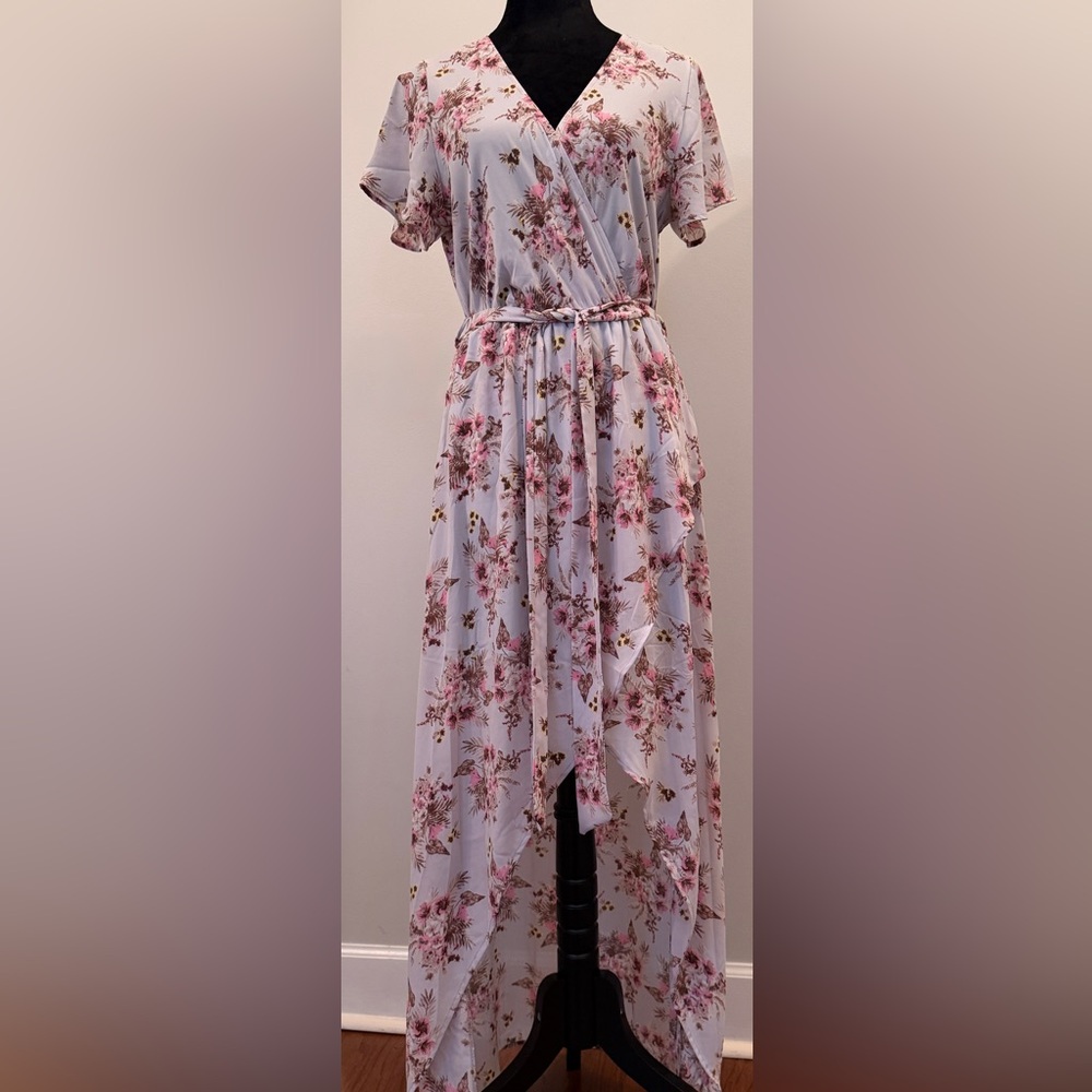 Peach Love California Floral High-Low Wrap Dress Medium